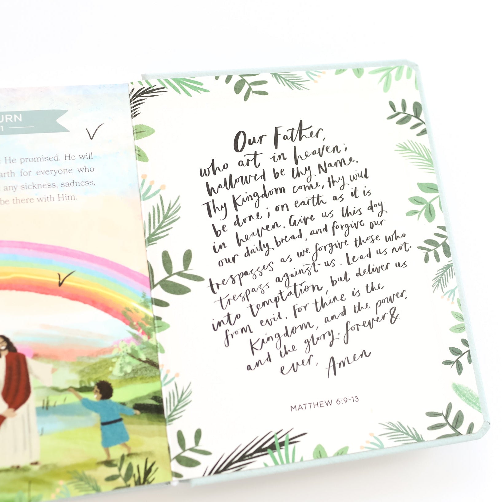 Children's book with religious text and illustrations on a white background