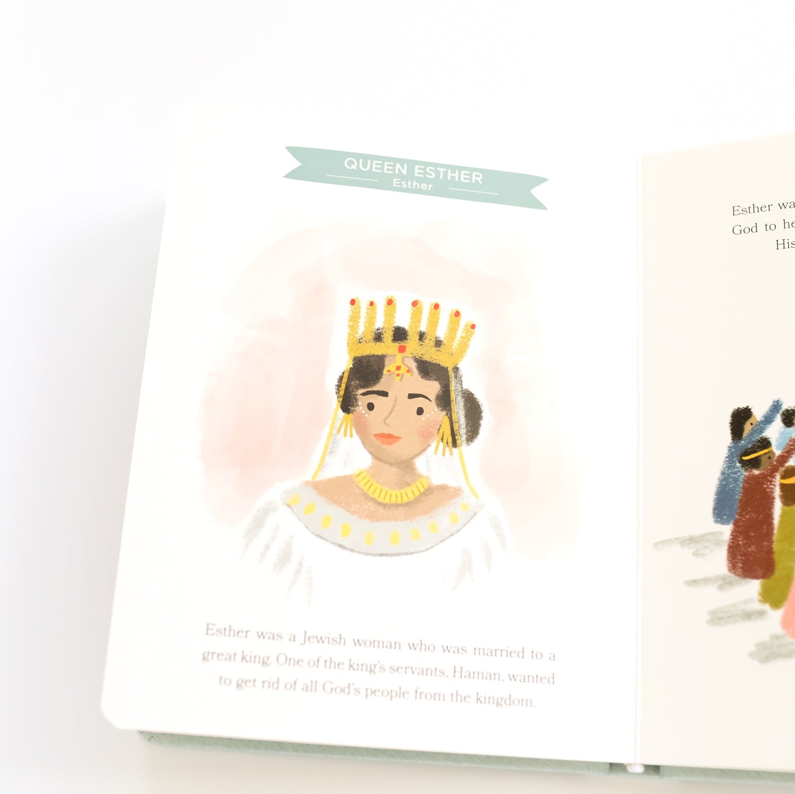 Illustrated book page with a queen and people, on a white background