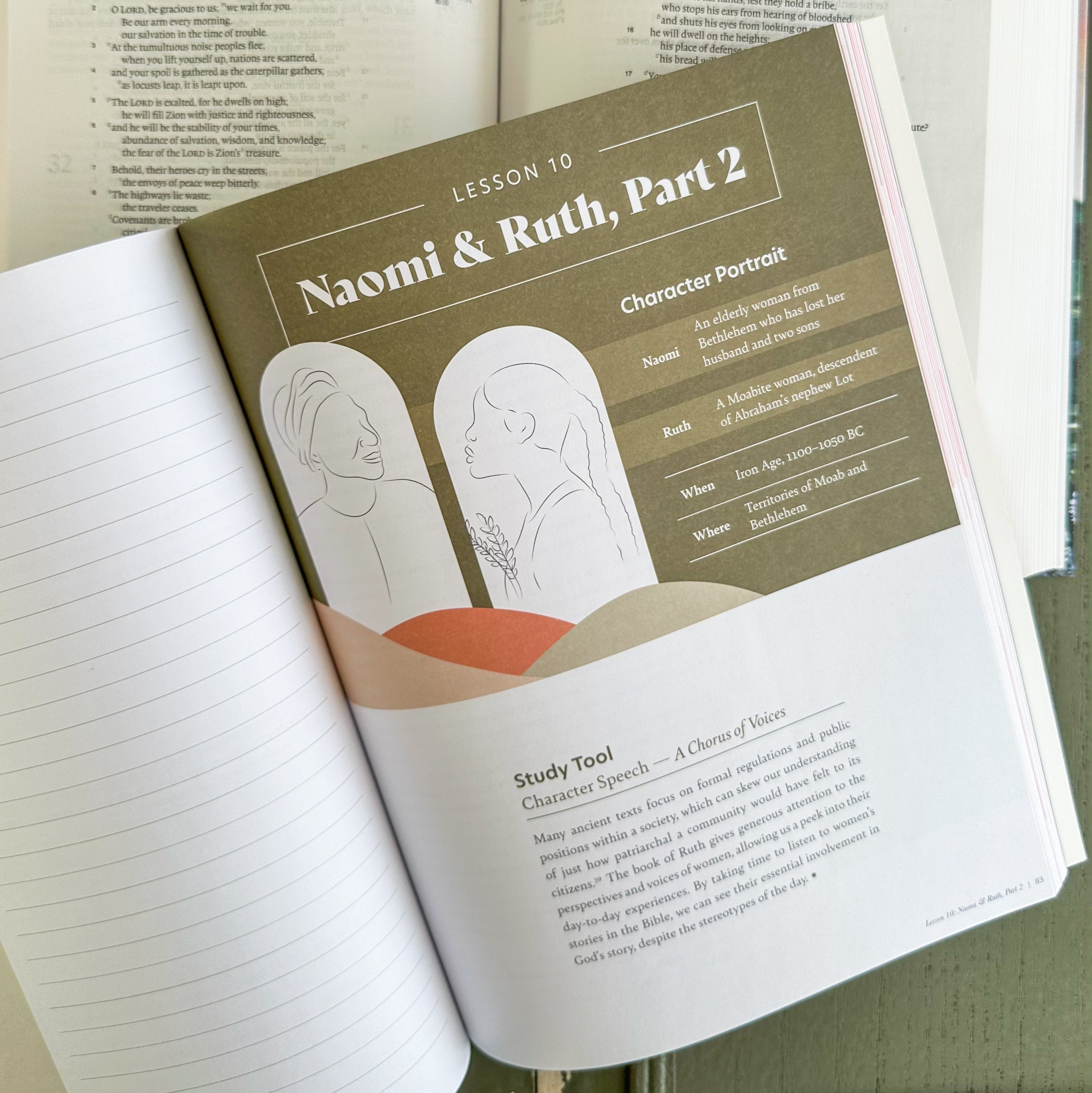 Open book with a character portrait worksheet titled 'Naomi & Ruth, Part 2' on a green surface.