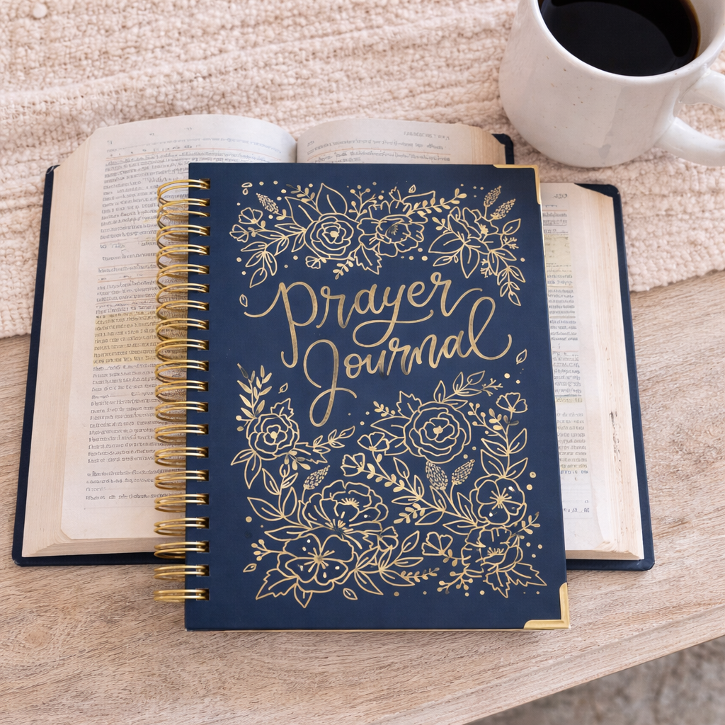 Navy prayer journal with gold floral designs on a wooden surface next to an open book and a cup of coffee.
